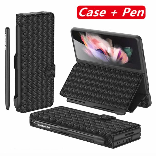 Luxury Braided Leather Cover With Pen Slot For Samsung Galaxy Z Fold 3 5G