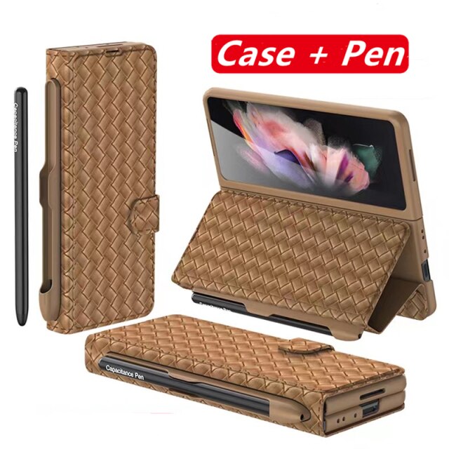 Luxury Braided Leather Cover With Pen Slot For Samsung Galaxy Z Fold 3 5G